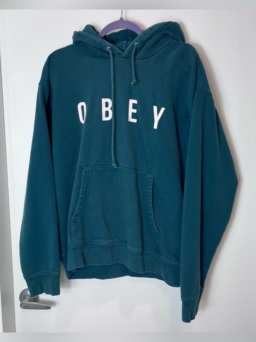 OBEY Spellout Pullover‎ Hoodie Green Teal Hooded Drawstring Pockets Men's Large